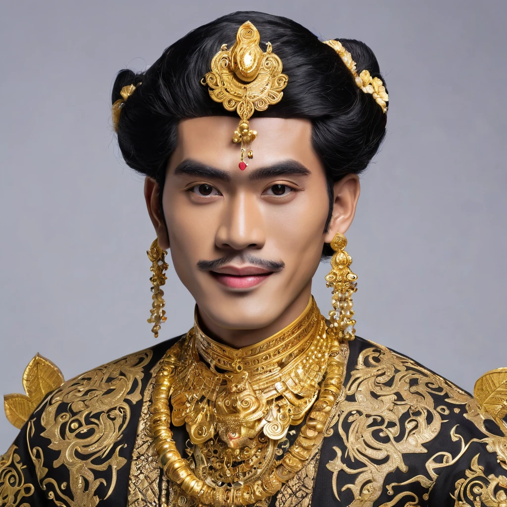 image of a wayang character from Java who has a handsome face and a dashing body wearing sparkling gold jewelry