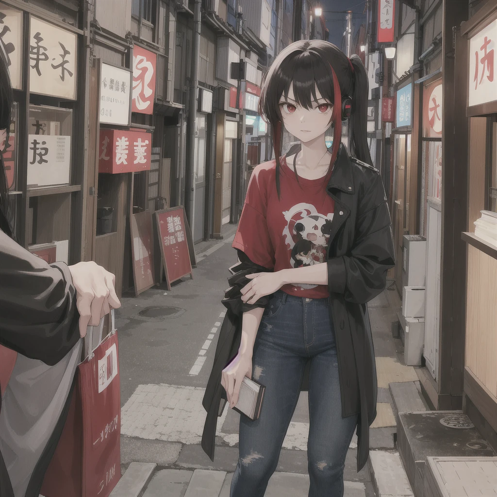 Tokyo Revengers screenshot. 16 year old girl, long straight black hair with red and white highlights and bangs. She has red eyes and has a serious expression, while she held a book in her hand. She is dressed in a black trench coat with urban details, underneath she has a loose white t-shirt and baggy jeans, and she is wearing headphones. She is standing in an alley at night. Tokyo Revengers drawing style.