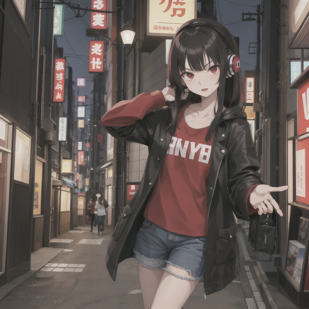 Tokyo Revengers screenshot. 16 year old girl, long straight black hair with red and white highlights and bangs. She has red eyes and has a serious expression, while she held a book in her hand. She is dressed in a black trench coat with urban details, underneath she has a loose white t-shirt and baggy jeans, and she is wearing headphones. She is standing in an alley at night. Tokyo Revengers drawing style.