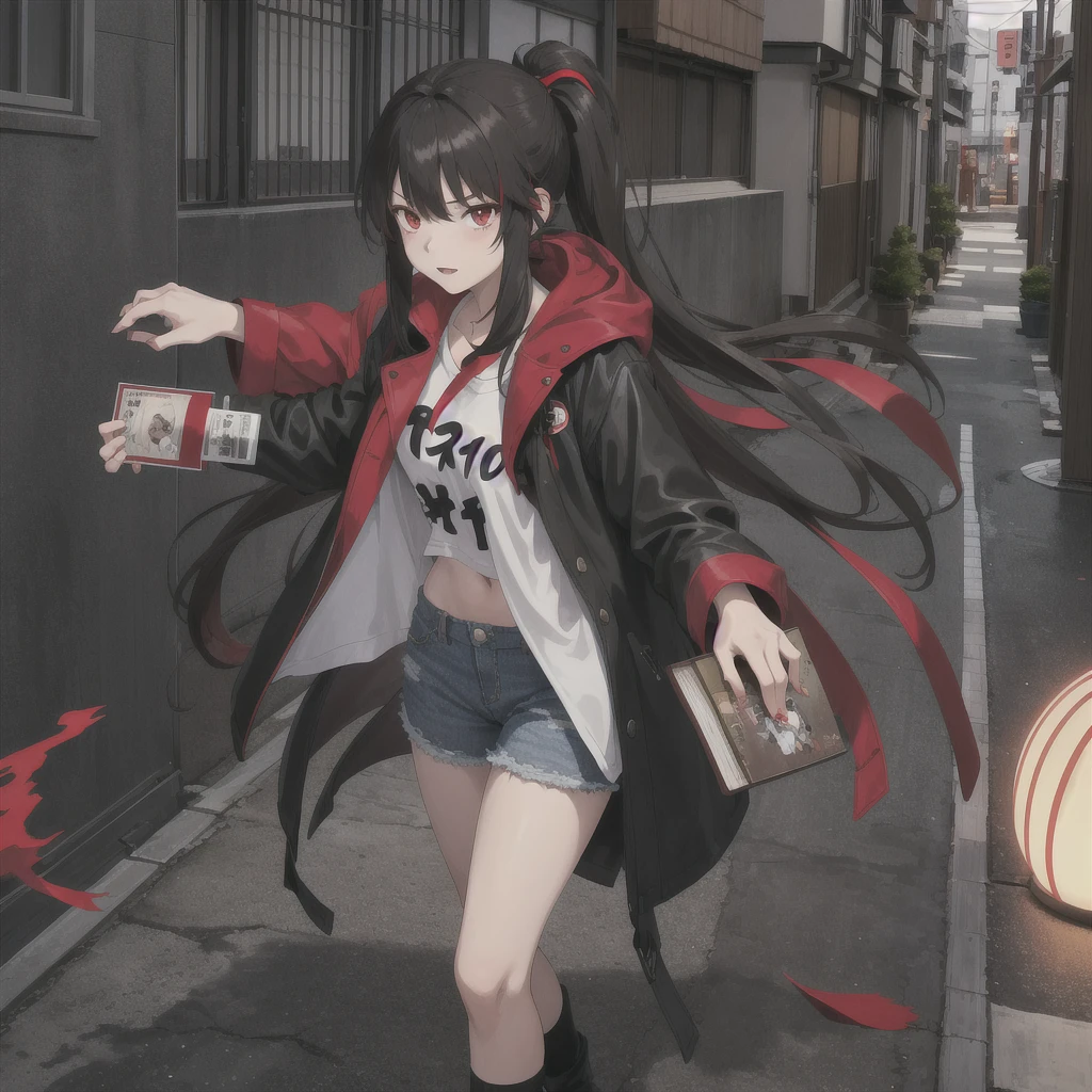 Tokyo Revengers screenshot. 16 year old girl, long straight black hair with red and white highlights and bangs. She has red eyes and has a serious expression, while she held a book in her hand. She is dressed in a black trench coat with urban details, underneath she has a loose white t-shirt and baggy jeans, and she is wearing headphones. She is standing in an alley at night. Tokyo Revengers drawing style.