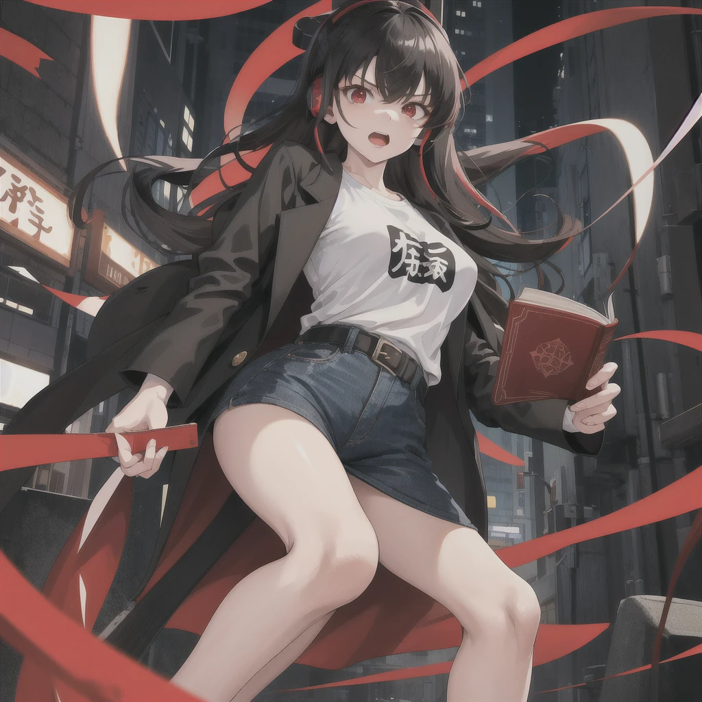 Tokyo Revengers screenshot. 16 year old girl, long straight black hair with red and white highlights and bangs. She has red eyes and has a serious expression, while she held a book in her hand. She is dressed in a black trench coat with urban details, underneath she has a loose white t-shirt and baggy jeans, and she is wearing headphones. She is standing in an alley at night. Tokyo Revengers drawing style.