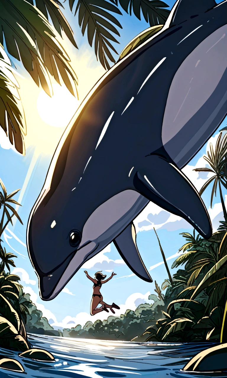 Rio Negro in the Amazon, Dolphin jumping in the water, Bright Sun