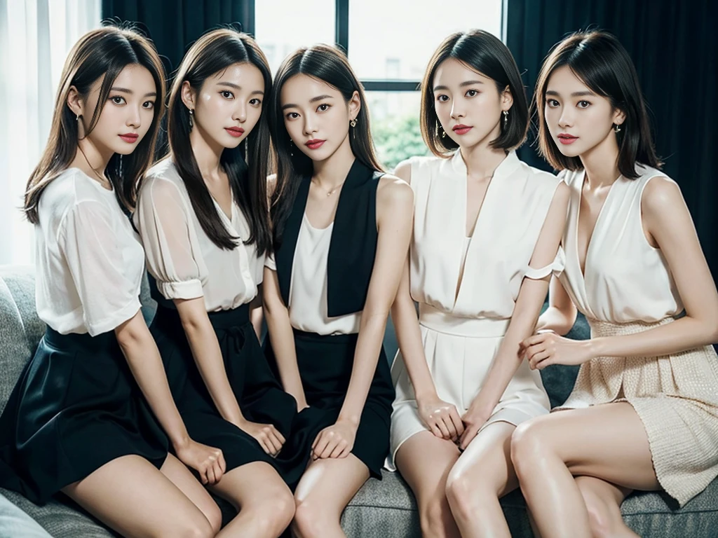 4 people sitting on the sofa,nonsense, raw image, Very delicate and beautiful, Masterpiece, best quality, Ultra high resolution, 16K, Exaggerated, very detailed, วอลล์เปเปอร์ CG 8k ที่very detailed, beautiful light, perfect lightning, realistic shadows, perfect ???????, Very detailed skin, perfect figure, Japanese women, In her 20s, The body is very slim., small waist, very small head, Detailed handsome woman, Very detailed eyes and face, realistic facial proportions, Amazingly detailed eyes, hyperrealistic beautiful face, The face is very small., Realistic small beautiful eyes, Double eyelids, put on makeup, Teardrop mole, Moles on the chest, earring, Bare legs, The legs are beautiful and very thin., ต้นThe legs are beautiful and very thin., (((Very large round chest))), short hair, Wavy hair, sweat, (full body shot), (((((3 girls))))), compact, (Dress), (Suit shirt), (Women's blouses),