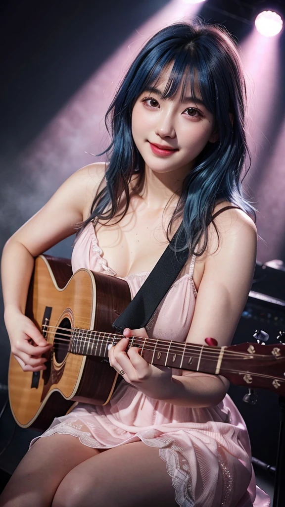 ((best quality)), photorealistic, photorealism, Photorealistic, high resolution, ((Wearing pink glamourous dress))、smile、A superb beauty、Super cute、ennui、Rare beauty、Very Short hair、Black Dark Eyeshadow、Sad、white skin、pale skin, Very short hair layered、Dark Gothic Makeup、Cute Smile、Fragrant beauty、Stained glass background、Mastepiece、Best Quality、Refers to 5 books、Sweat glistening on my chest、Sweat glistening on my face、Large breasts、Blue hair、Age 20 years old、Mysterious look、A sad expression、Blue Hair、Glamorous concert stage、enchanting castle、Sweating profusely all over the body、A lot of sweat and light on the thighs、Shiny thighs、Plenty of sweat glistening on the thighs、A large amount of sweat glistens on my thighs、Sweating profusely、Gal、Large breasts、Beautiful face、Alluring expression、Sitting、Sitting playing guitar、Open legs、Revealed panties、Thick thighs、Playing guitar、I have a guitar、Sing a song enthusiastically、Playing guitar in a band、Rock band、Playing guitar chords、Live House Background、Sing a song、Open your mouth、Live house scenery、Mic stand、Glamorous live stage、Dynamic Angle、cinematic lighting