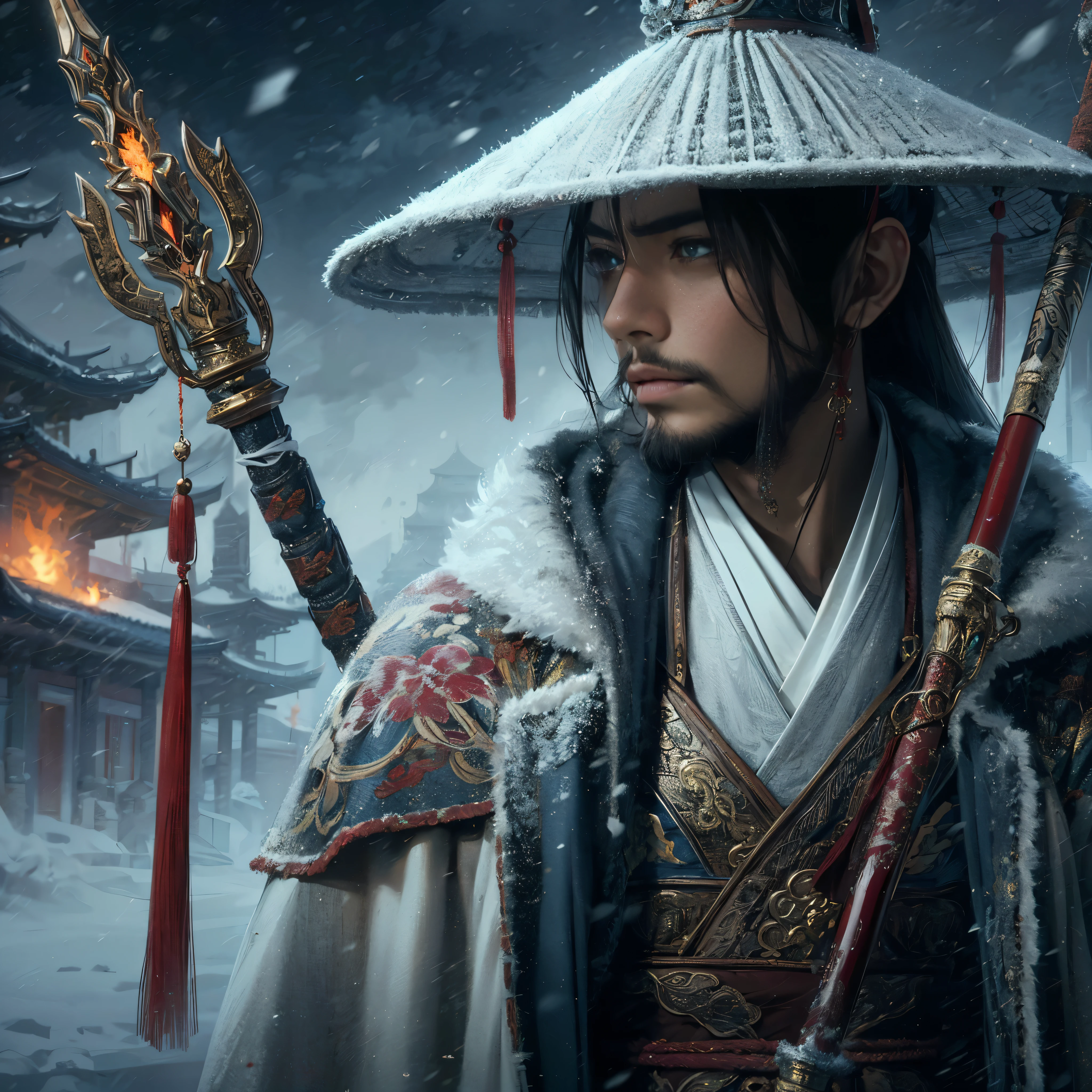 (Masterpiece:1.2), (Best Quality:1.2), (high resolution:1.2), (beautiful face and eye:1.2), (sharpest focus:1.2), (Ultra-realistic Photo:1.2), (Ultra-precise Photo:1.2), (Depth of field:1.2), (perfect anatomy:1.2), (nice hands:1.2), 
(perfect hands:1.2), (five fingers:1.2), (Young, fearless, beautiful, shady Chinese man:1.0), (Lonely Chinese warrior with spear:1.0), (Neatly trimmed short beard and tied hair:1.0), (Blazing Chinese period drama style fortress:1.0), 
(long spear with serpentine blade and ornate decoration:1.0), (white tsubakuhiro cap and cloak:1.0), (white armor with red, blue, and yellow coloring:1.0), (snowstorm:1.0), (melancholy expression:1.0), (picturesque standing figure:1.0),
