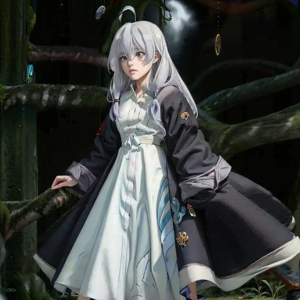 Marvel comic artstyle, a girl with long black hair and sky blue eyes in a snowy forest setting and wearing a noble dress with a wolf on her side