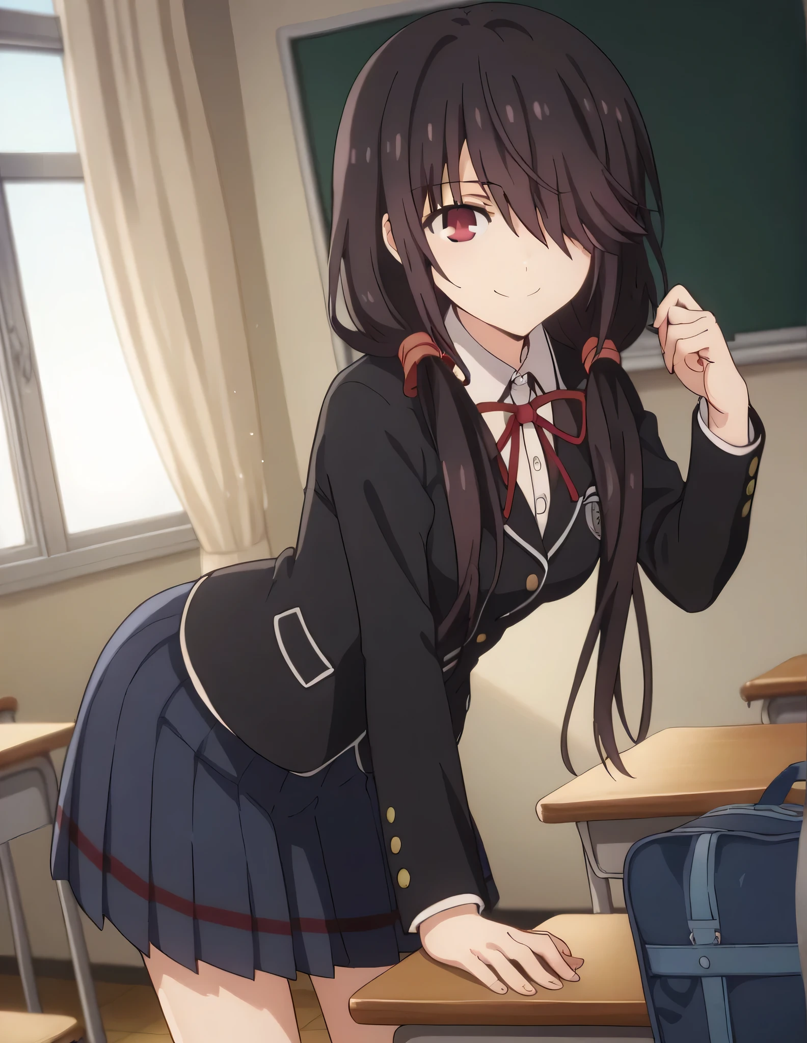 score_9, score_8_up, score_7_up, source_anime,
kurumitokisaki, kurumi tokisaki, black hair, red eyes, long hair,
skirt, long sleeves, ribbon, school uniform, jacket, pleated skirt, bag, hair over one eye, blue skirt, blazer, school bag, black blazer, twintails, low twintails,
indoors, classroom, bent over, smile,
looking at viewer, solo, cowboy shot, dutch angle,