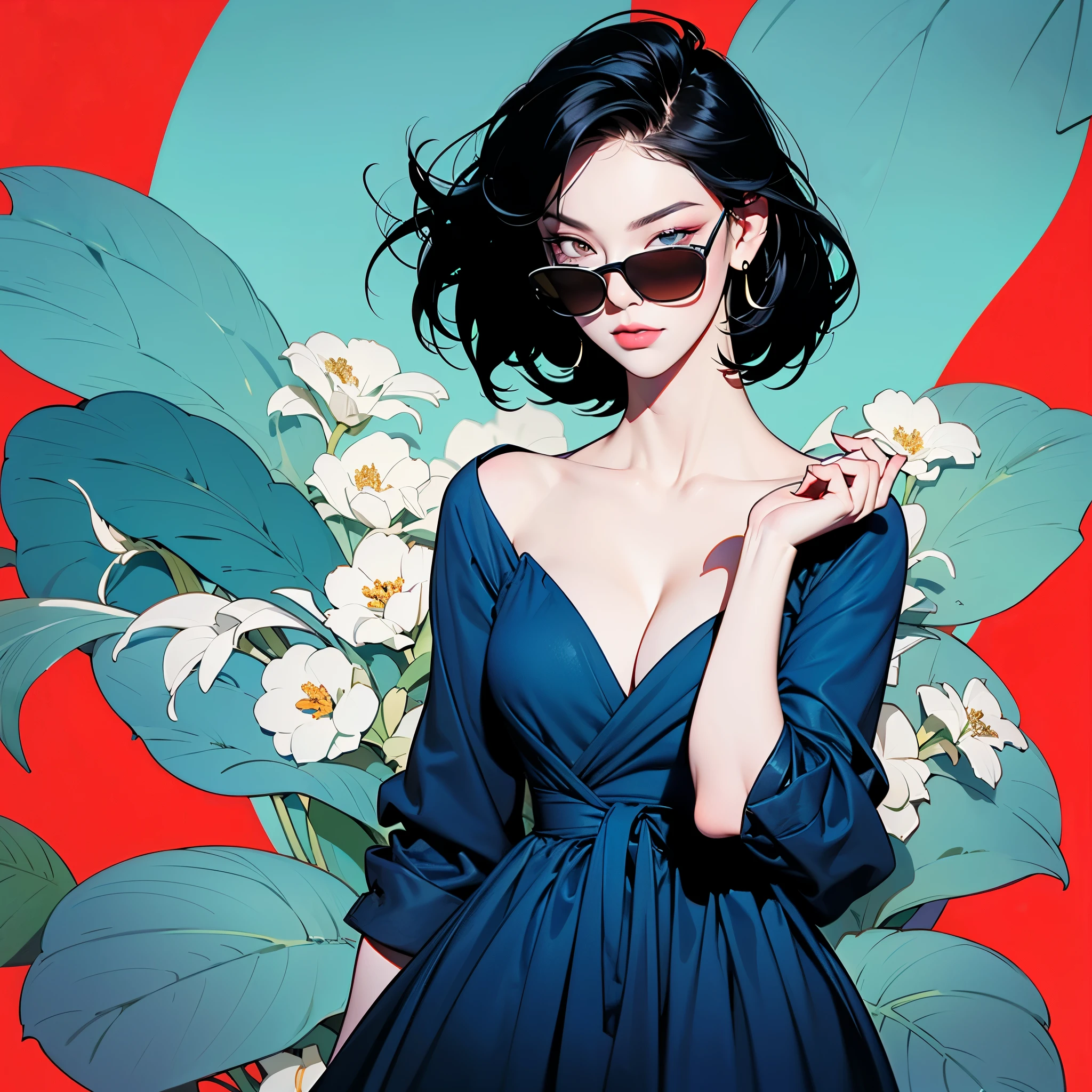 a woman in a navy blue dress standing in front of flowers, ((Art style by Patrick Nagel)), ((8k, wallpaper, detailed)), dark sunglasses, korean popstar, short black hair, pretty hands, fringe, simple red background, palm trees, (graffiti wall:1.2), strong, courageous, art by Patrick Nagel, album cover artwork