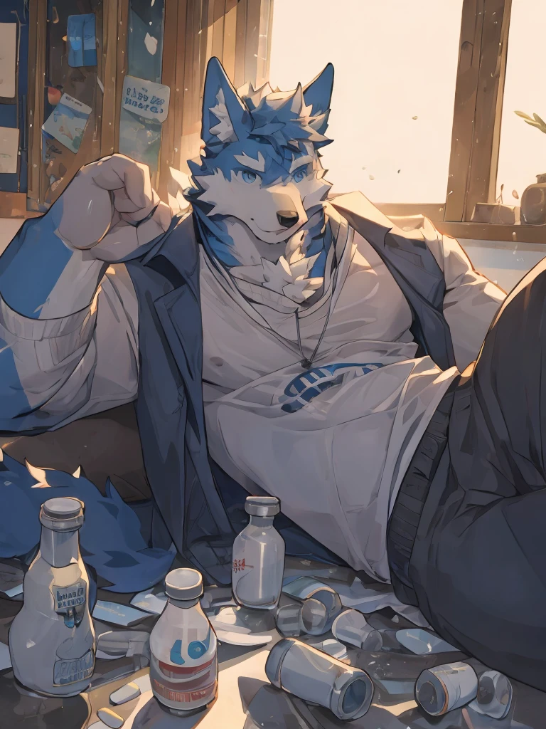 (masterpiece),(best quality),(Ultra-clear picture quality),In a cozy little house,Muscular body, Blue fur, Lying in bed, windowsill background,head tilted to one side, sunny, Wearing grey house clothes, Wolf furry character,There are several empty medicine bottles scattered on the bed