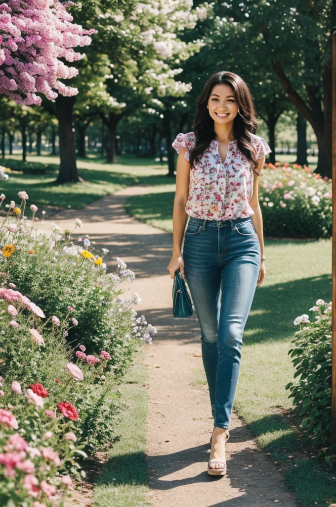 Make me a woman who denotes authenticity, while walking through a park full of pretty flowers