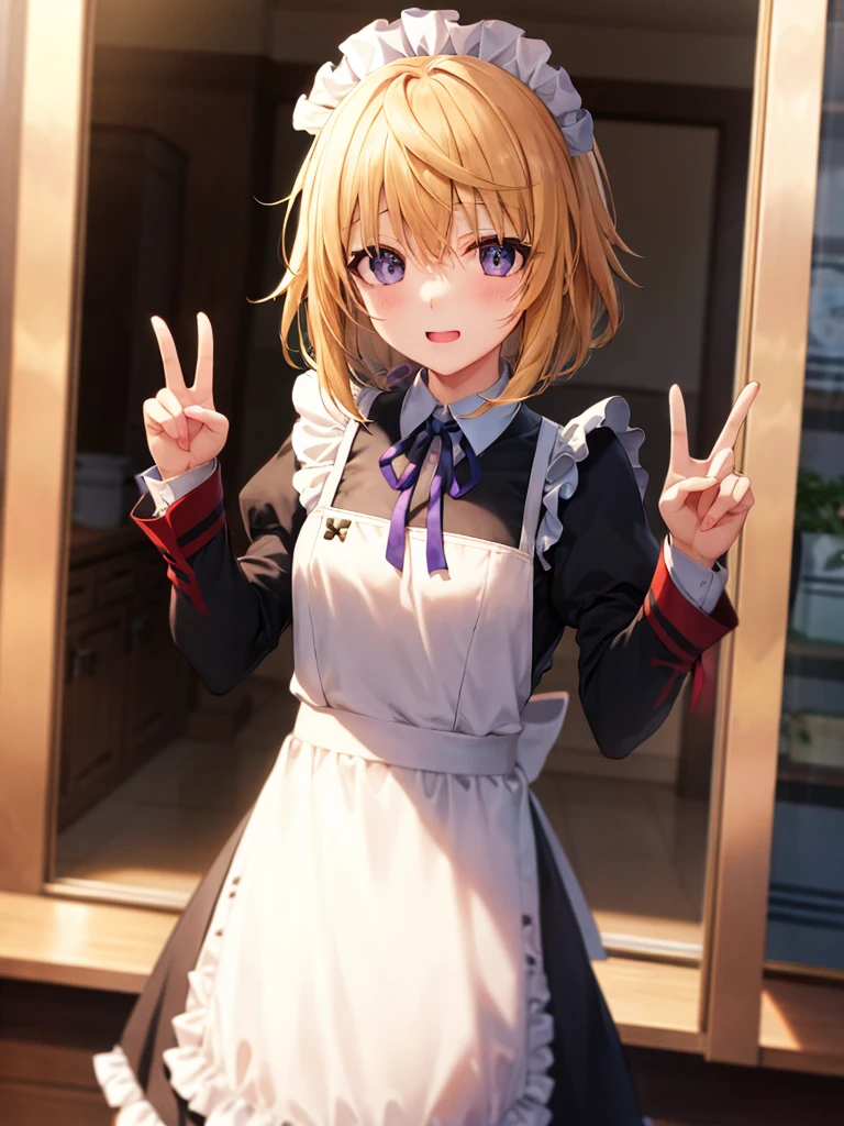 An ultra-high picture quality、(​masterpiece)、[3D images:1.5],Attractive eyes、Cute Peace Sign、Teleface、(​masterpiece:1.6、top-quality)、(Beautiful Eyes of Details:1.2), hight resolution, , frilld, Maid headdress, Waist apron, garter strap、a closed mouth、a black ribbon, long-sleeve, Neck ribbon, Purple Ribbon, Wide sleeves, plein air, Charlotte Dunoy