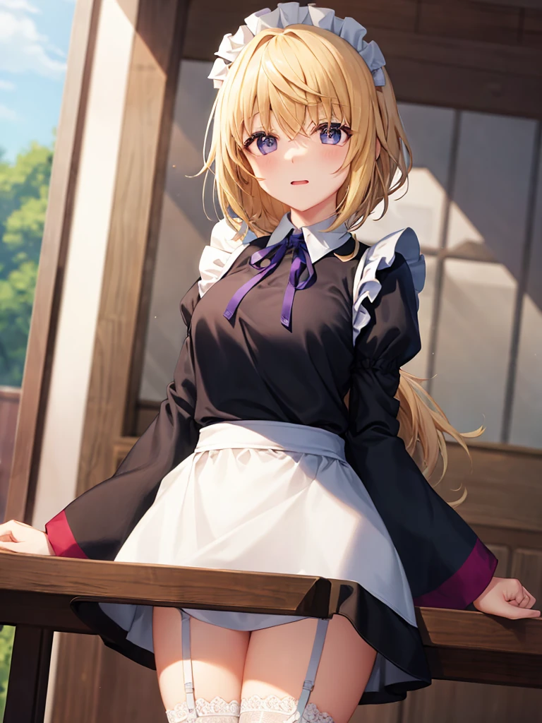 An ultra-high picture quality、(​masterpiece)、[3D images:1.5],Attractive eyes、Cute Peace Sign、Teleface、(​masterpiece:1.6、top-quality)、(Beautiful Eyes of Details:1.2), hight resolution, , frilld, Maid headdress, Waist apron, garter strap、a closed mouth、a black ribbon, long-sleeve, Neck ribbon, Purple Ribbon, Wide sleeves, plein air, Charlotte Dunoy