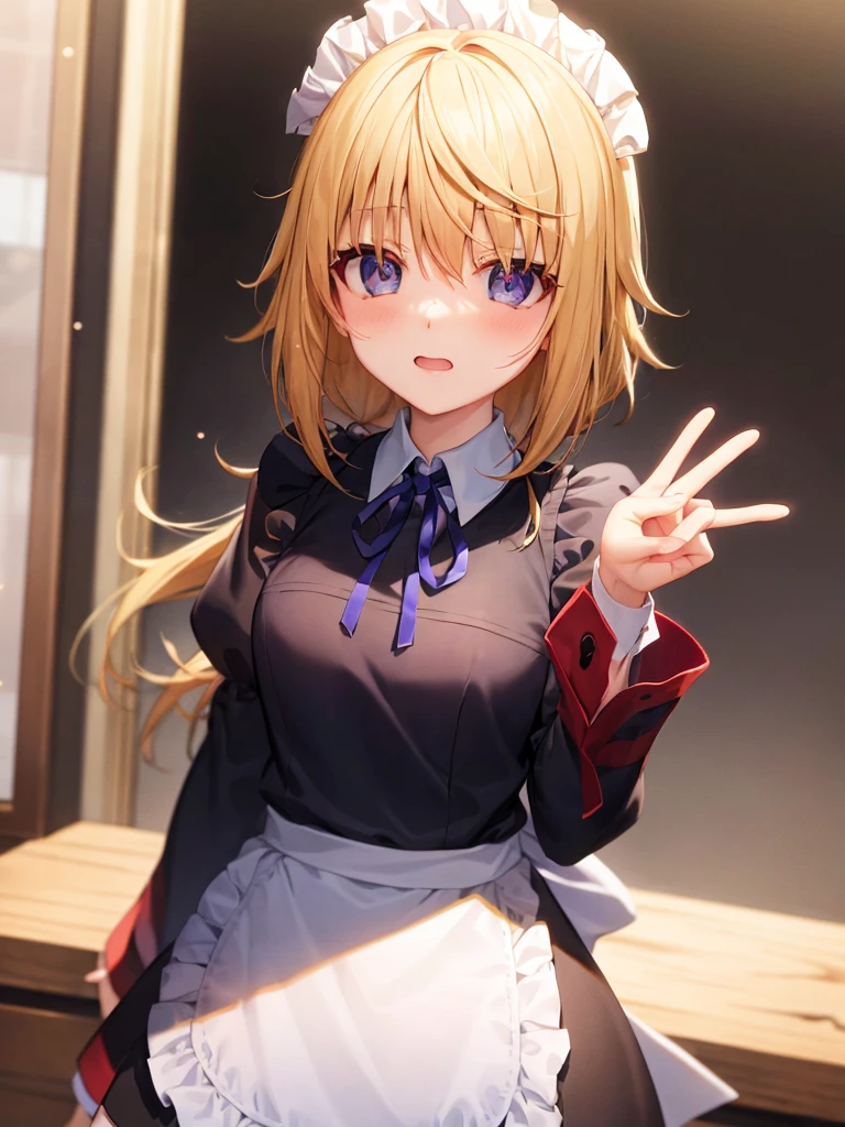 An ultra-high picture quality、(​masterpiece)、[3D images:1.5],Attractive eyes、Cute Peace Sign、Teleface、(​masterpiece:1.6、top-quality)、(Beautiful Eyes of Details:1.2), hight resolution, , frilld, Maid headdress, Waist apron, garter strap、a closed mouth、a black ribbon, long-sleeve, Neck ribbon, Purple Ribbon, Wide sleeves, plein air, Charlotte Dunoy