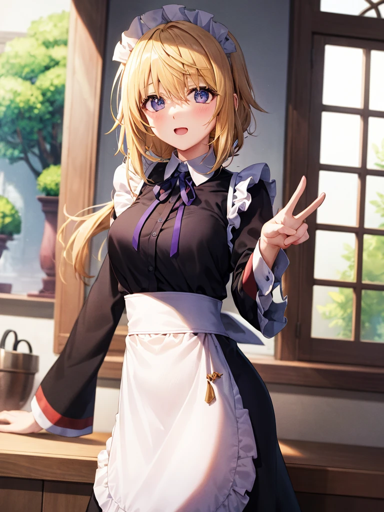 An ultra-high picture quality、(​masterpiece)、[3D images:1.5],Attractive eyes、Cute Peace Sign、Teleface、(​masterpiece:1.6、top-quality)、(Beautiful Eyes of Details:1.2), hight resolution, , frilld, Maid headdress, Waist apron, garter strap、a closed mouth、a black ribbon, long-sleeve, Neck ribbon, Purple Ribbon, Wide sleeves, plein air, Charlotte Dunoy