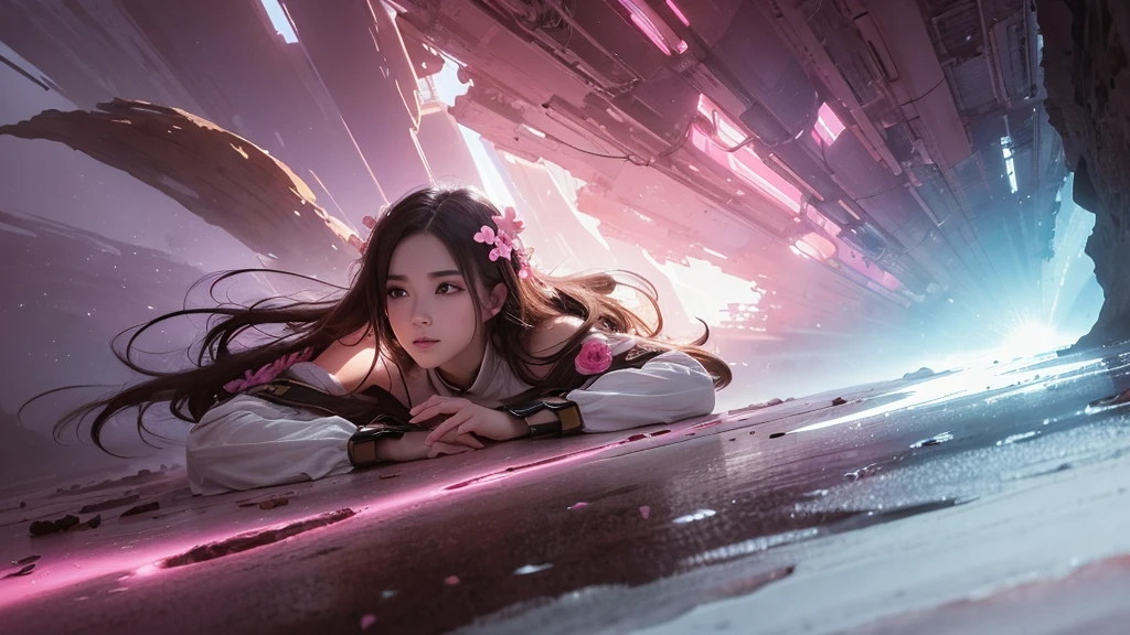 32k, Masterpiece, Highest quality, One girl, Detailed eyes, flower,Sandersonia, Pink and brown style,A dreamy, romantic piece,Pale pink, Mysterious Leaves,A playful arrangement,Fantasy,High Contrast,Ink strokes,explosion,Exposure, Impression of pink and brown tones,Abstract,((Watercolours by John Berkey and Jeremy Mann )) Brush strokes,Negative Space, Tyndall effect,