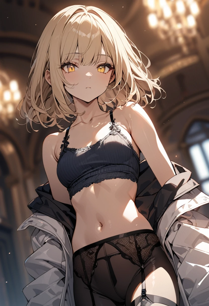 a handsome girl, solo, blond hair, yellow eyes, bright eyes, bangs,
”hood jacket”, tank top, navel,
off shoulder, bare shoulders, open jacket, black pants, garter belt,
expressionless,
blurry background, perfect lighting, perfect angle, masterpiece, best quality, extremely detailed face, extremely detailed,