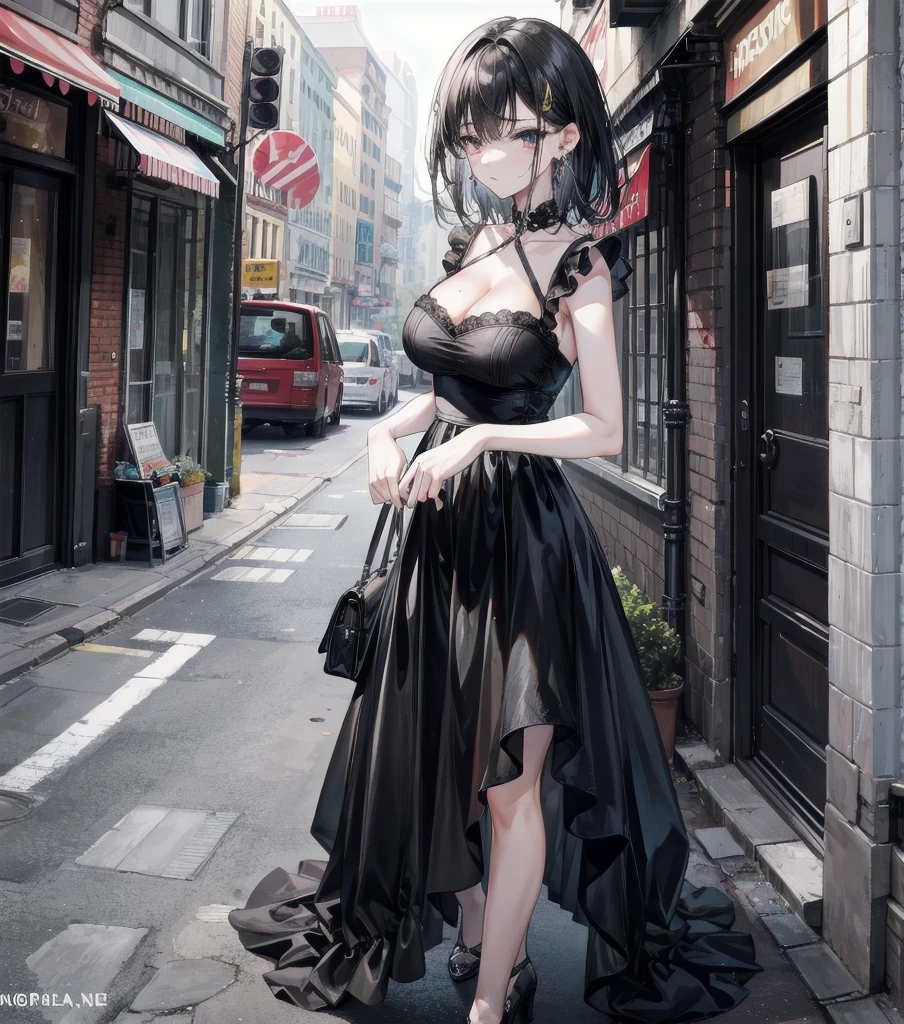 full body, delicate facial features, medium tits, medium hair, black hair, tearful mole, earring, dress, cleavage, street,