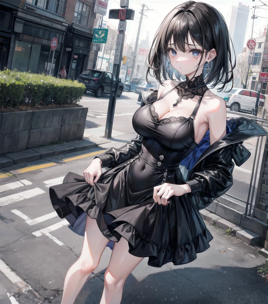 full body, delicate facial features, medium tits, medium hair, black hair, tearful mole, earring, dress, cleavage, street,