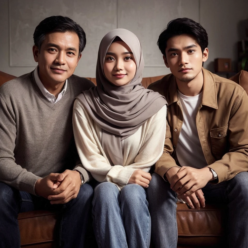 photo of an Indonesian family of three, 50 year old father, 20 year old girl wearing a hijab, 20 year old man, they are wearing casual clothes, sitting in luxury living room chairs, living room wall background, studio photo, realistic, warm lighting, ultra HD, 8k