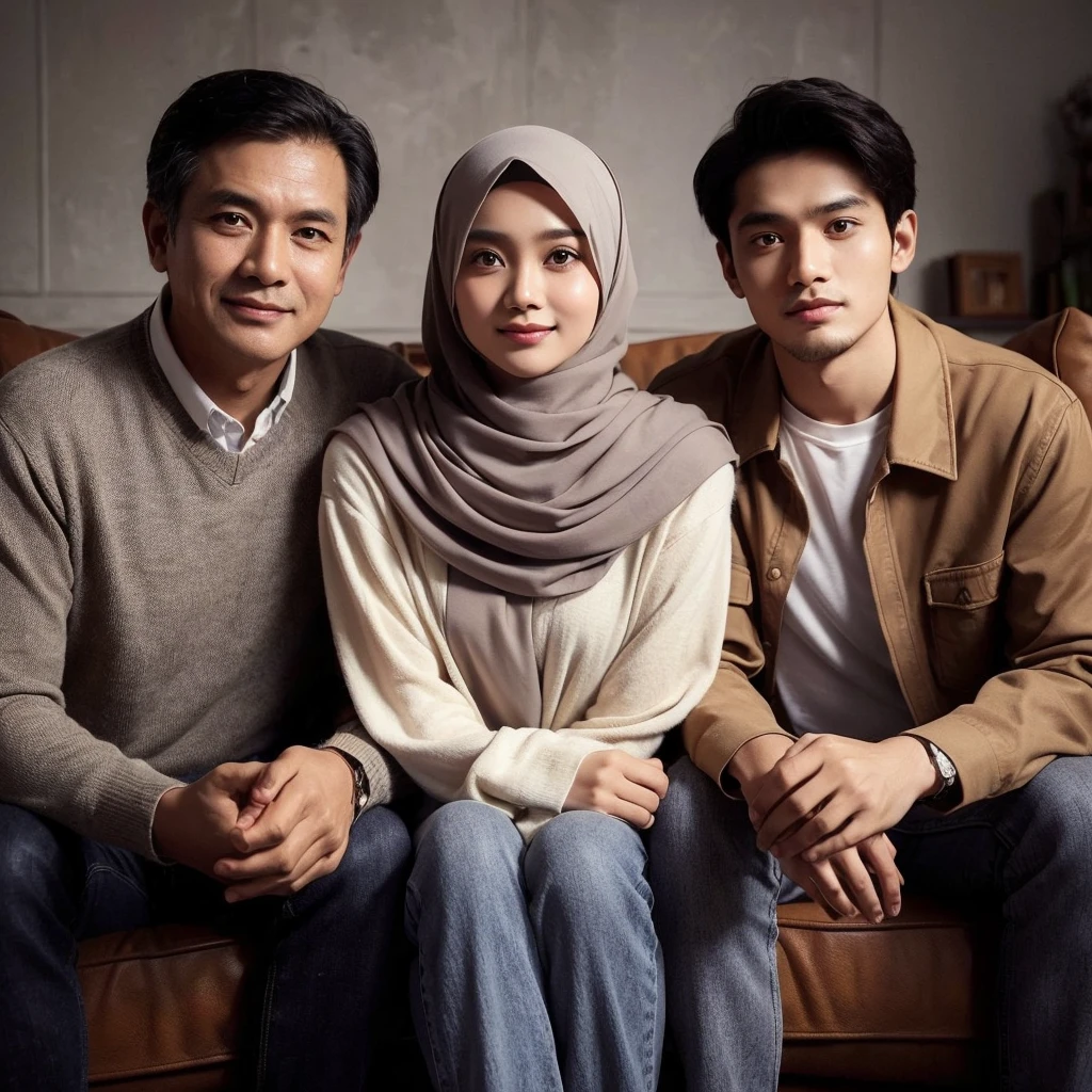 photo of an Indonesian family of three, 50 year old father, 20 year old girl wearing a hijab, 20 year old man, they are wearing casual clothes, sitting in luxury living room chairs, living room wall background, studio photo, realistic, warm lighting, ultra HD, 8k