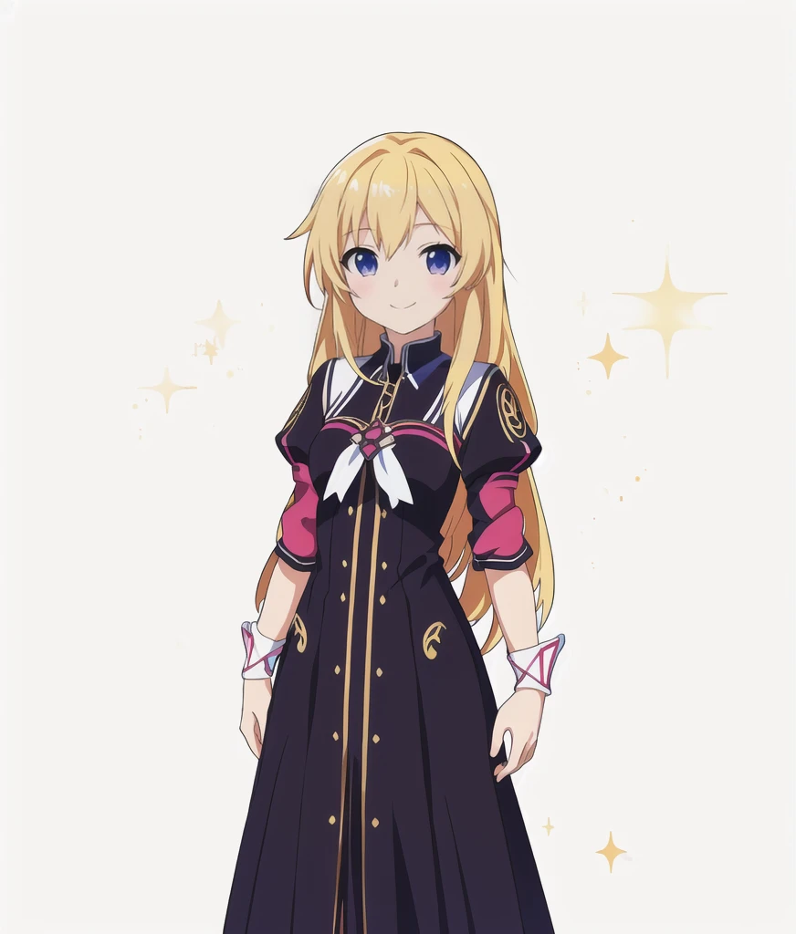 Highest quality, high resolution, High quality anime art style, Official Art, Smooth anime CG art, Stylized anime, Cute 3D anime girl render, Visual Novel Sprites, White background, whole body, Anime-style 3D, Smooth anime CG art, Humanoid Girl, JRPG Characters, Anime girl with long hair and a black dress with a white collar, smile, Golden Hair, Long Hair, Lori, Small Bust, Small breasts, 15 years old