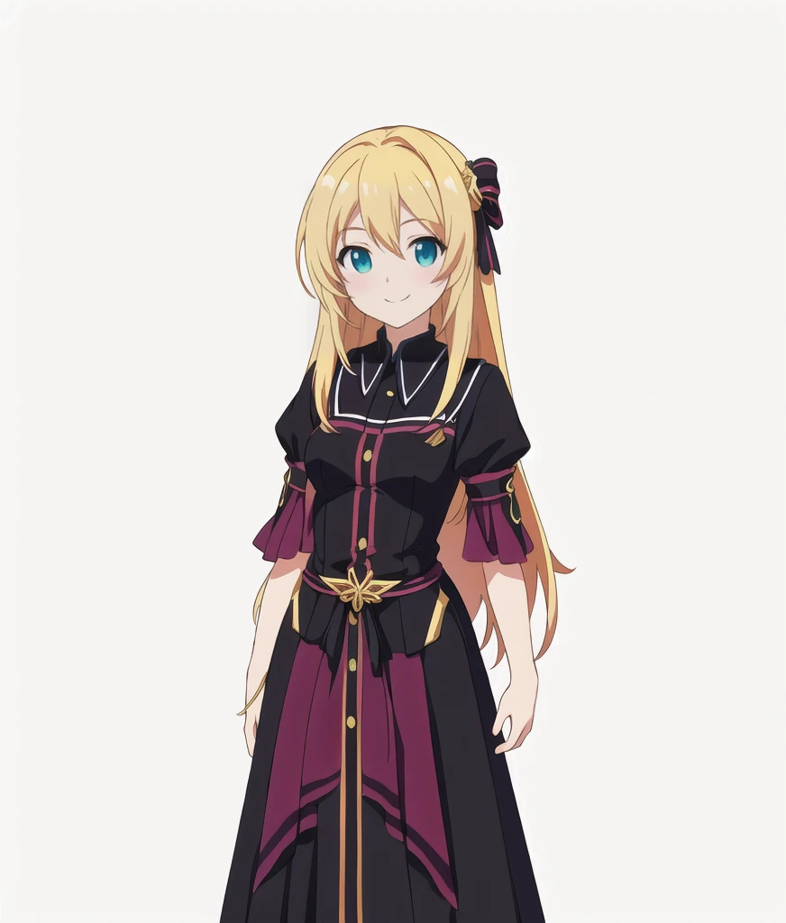 Highest quality, high resolution, High quality anime art style, Official Art, Smooth anime CG art, Stylized anime, Cute 3D anime girl render, Visual Novel Sprites, White background, whole body, Anime-style 3D, Smooth anime CG art, Humanoid Girl, JRPG Characters, Anime girl with long hair and a black dress with a white collar, smile, Golden Hair, Long Hair, Lori, Small Bust, Small breasts, 15 years old