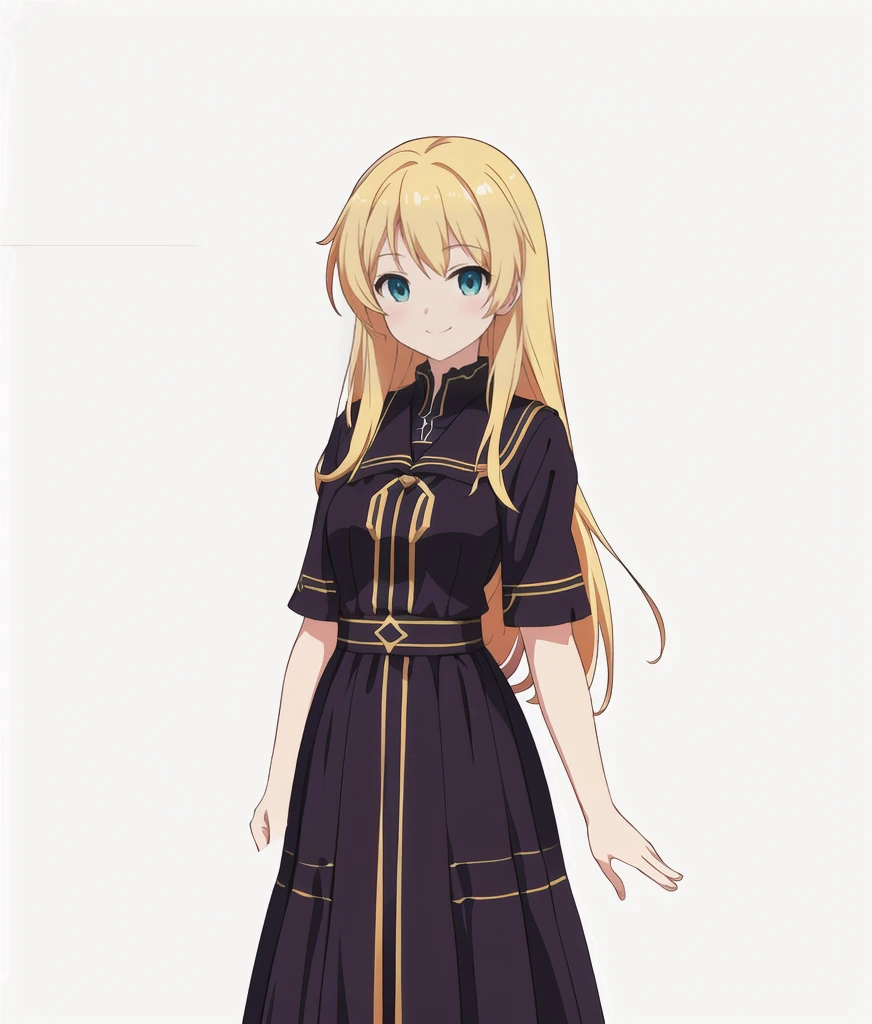 Highest quality, high resolution, High quality anime art style, Official Art, Smooth anime CG art, Stylized anime, Cute 3D anime girl render, Visual Novel Sprites, White background, whole body, Anime-style 3D, Smooth anime CG art, Humanoid Girl, JRPG Characters, Anime girl with long hair and a black dress with a white collar, smile, Golden Hair, Long Hair, Lori, Small Bust, Small breasts, 15 years old