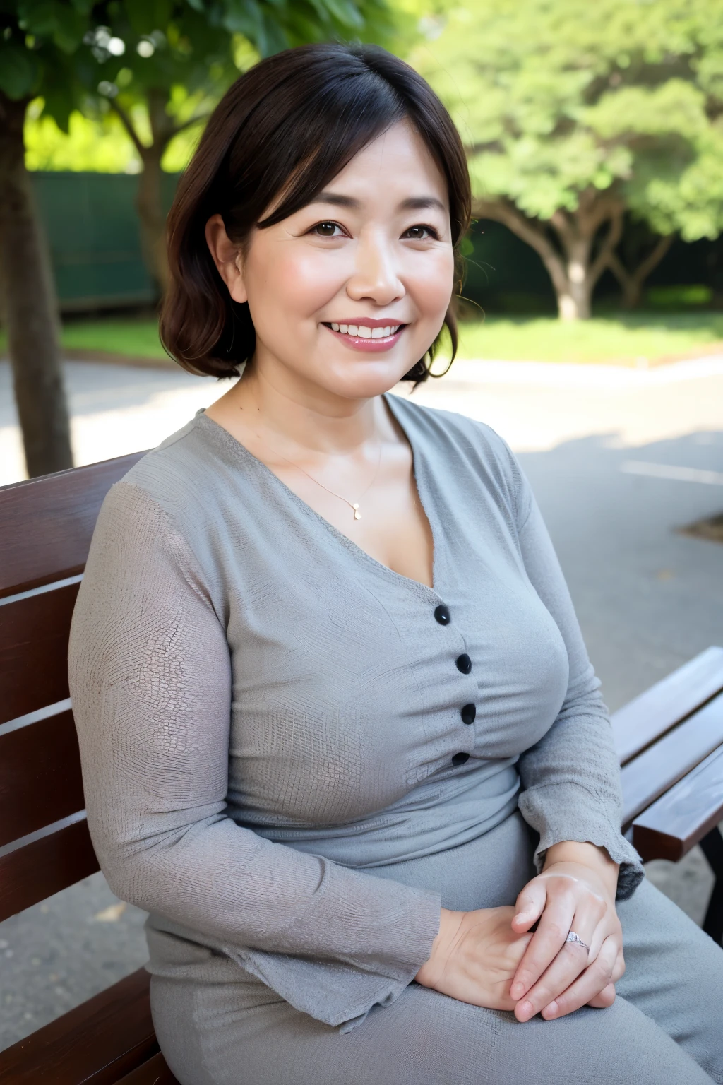 最high quality, In 8K, Masseter region, real, Sharp focus, high quality, High resolution, Detailed face, Fine grain, Thick lips, Background Blur, alone, Full body photography, Middle-aged women, , 65 years old, , Wavy Hair, Cleavage, Wearing a plain short-sleeved knit, Sitting on a park bench, Wrinkles around the eyes, Smiling with teeth showing