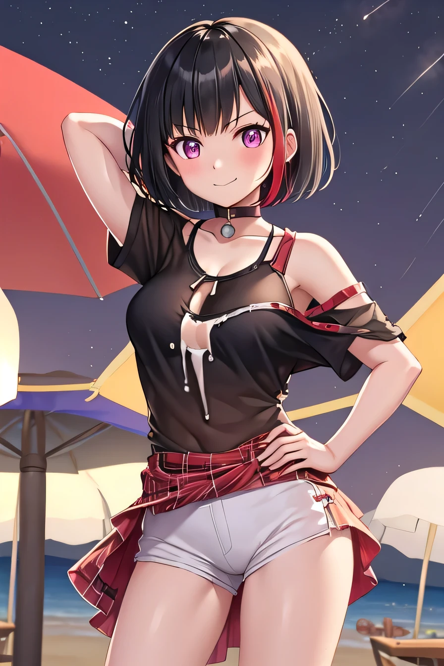 {mitake_ran_bangdream:1.15}, best quality, masterpiece, highres, solo, black_hair, red_hair, multicolored_hair, streaked_hair, short_hair, bangs, blush, bob_cut, purple_eyes, breasts, collarbone, red_eyes, 1girl, looking_at_viewer, shirt, solo, night sky, beach, arms behind head, contrapposto, spread armpits, closed mouth, (cowboy shot:1.5), looking at viewer, white_shirt, medium_breasts, collared_shirt, black_shirt, short_sleeves