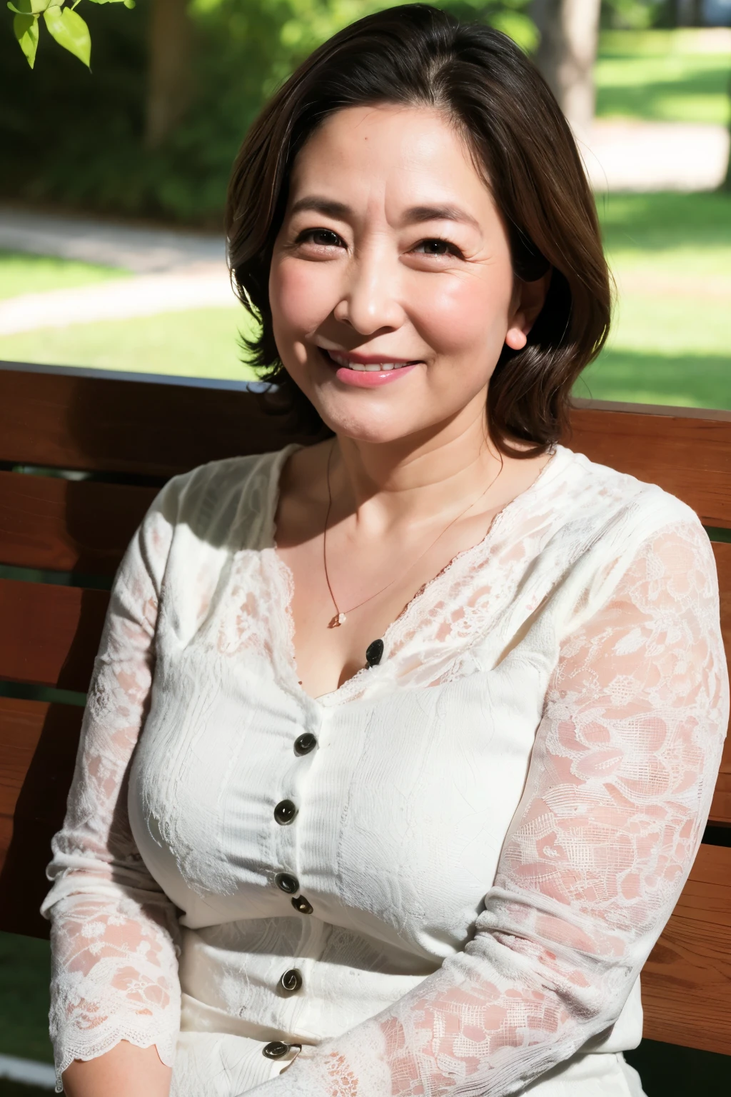 最high quality, In 8K, Masseter region, real, Sharp focus, high quality, High resolution, Detailed face, Fine grain, Thick lips, Background Blur, alone, Full body photography, Middle-aged women, , 65 years old, , Wavy Hair, Cleavage, Wearing a plain short-sleeved knit, Sitting on a park bench, Wrinkles around the eyes, Smiling with teeth showing