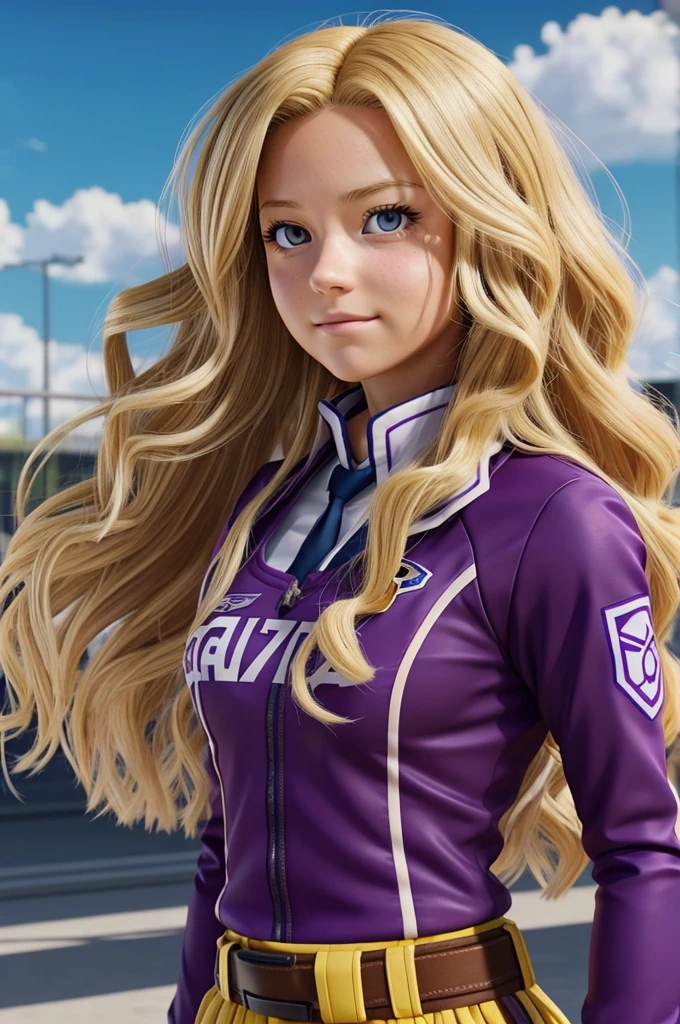 Screenshot of my hero academia, a girl with wavy blonde hair with long purple locks and a gallusa. She has honey-colored eyes with light purple and has a calm expression. She is wearing the UA uniform and in the background she has a UA school class and this anime style stop from my hero academia 