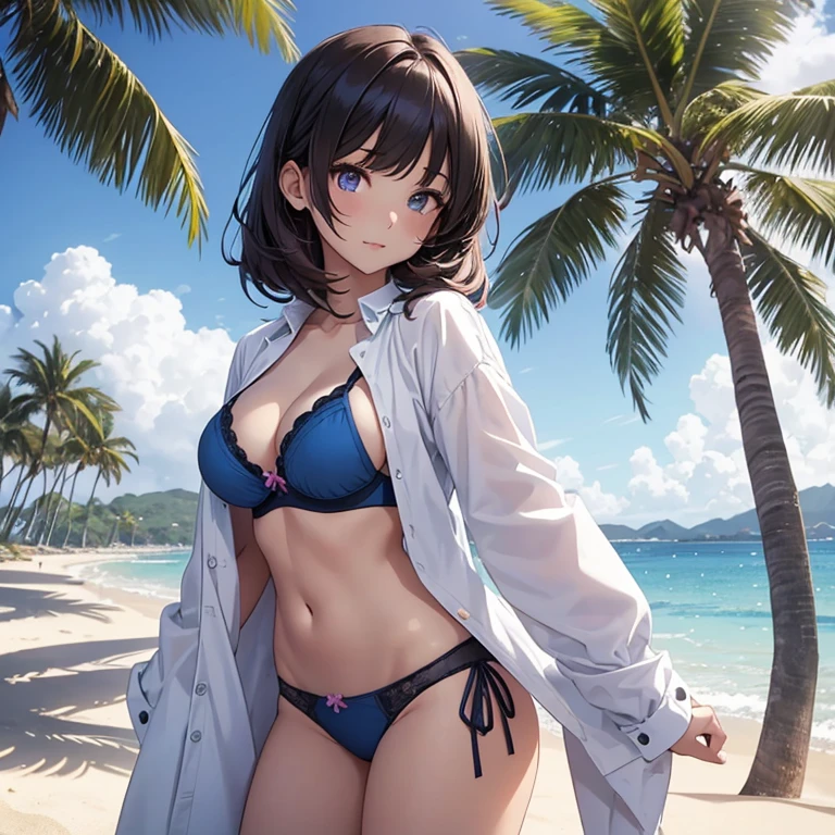 You will be able to create anime images of a 19-year-old woman, standing on the sand of the beach in Japan with few palm trees around on a starry night with few clouds. (Side photo). She measures 172cm and her measurements are B 60, W 30 and H 90; She has short peridot hair, her eyes are purple jade, she has a flirtatious expression when she says something while doing a pose, she wears a white shirt with unbuttoned buttons, a blue triangular bra with flower edges, a colored blue  panties and brown sandals.