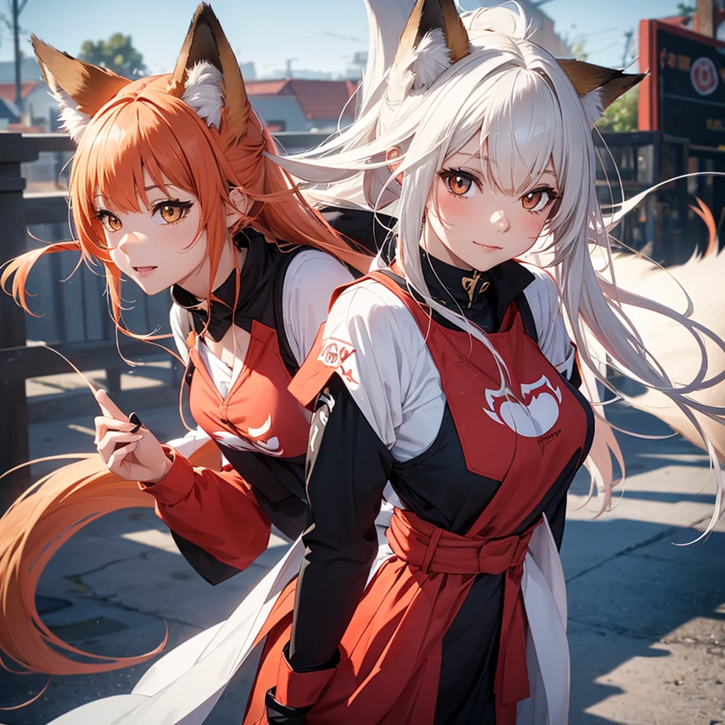 fox Girl, fox&#39;Tail，A girl、 Open chest kimono,Long hair、Gentle、((Maid、Lovely))、external、grassland