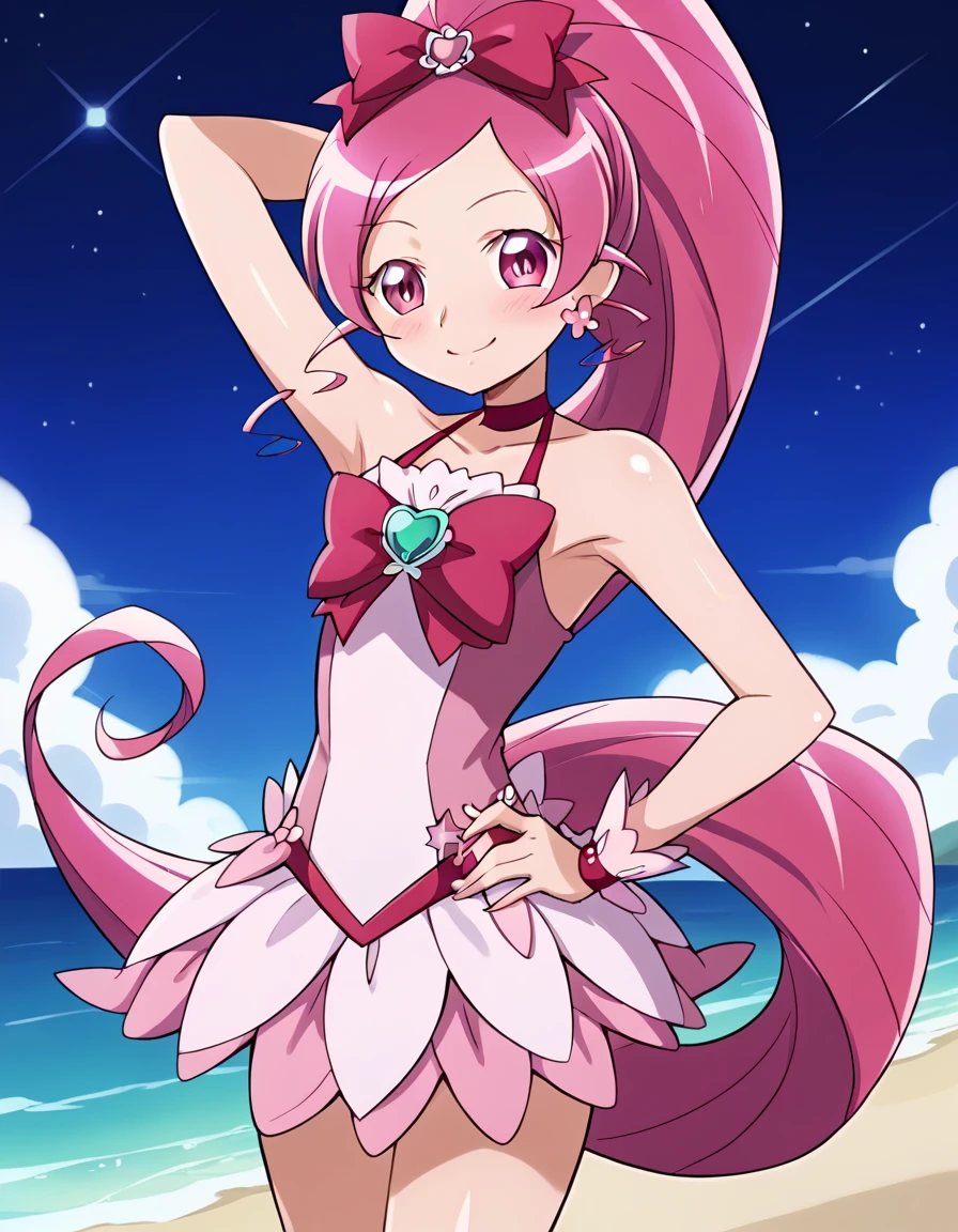 cureblossom, shiny skin, high quality, solo, 1girl, night sky, beach, arm behind head, hand on hip, sexy, (contrapposto), closed mouth, spread armpits, cowboy shot, looking at viewer, smile, best quality, blushing,