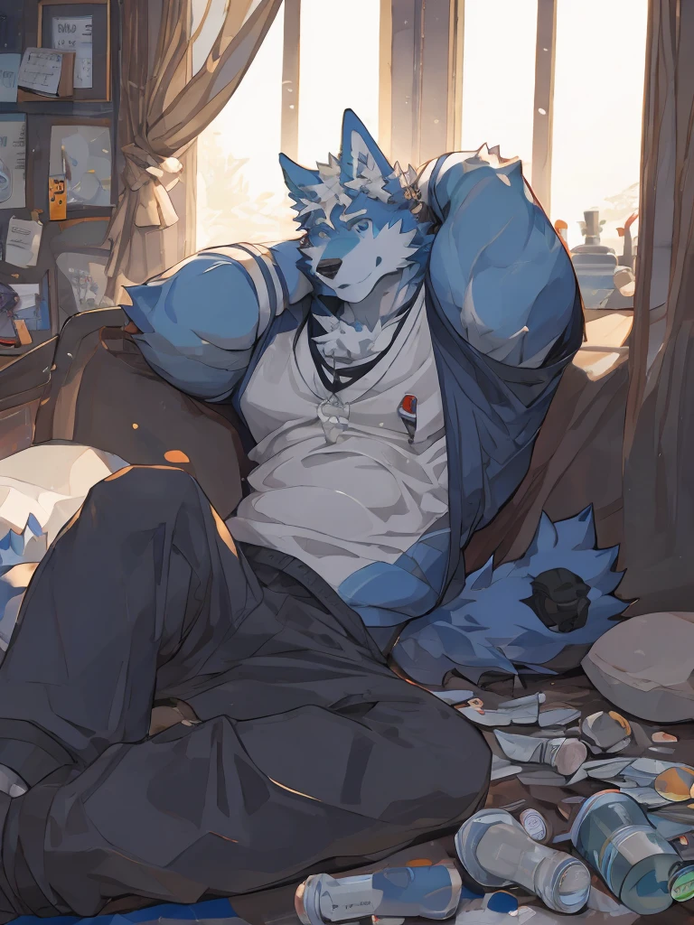 （masterpiece），（best quality），（Ultra-clear picture quality），In a cozy little house，Muscular body, Blue fur, Lying in bed, windowsill background,head tilted to one side, sunny, Wearing grey house clothes, Wolf furry character，There are several empty medicine bottles scattered on the bed