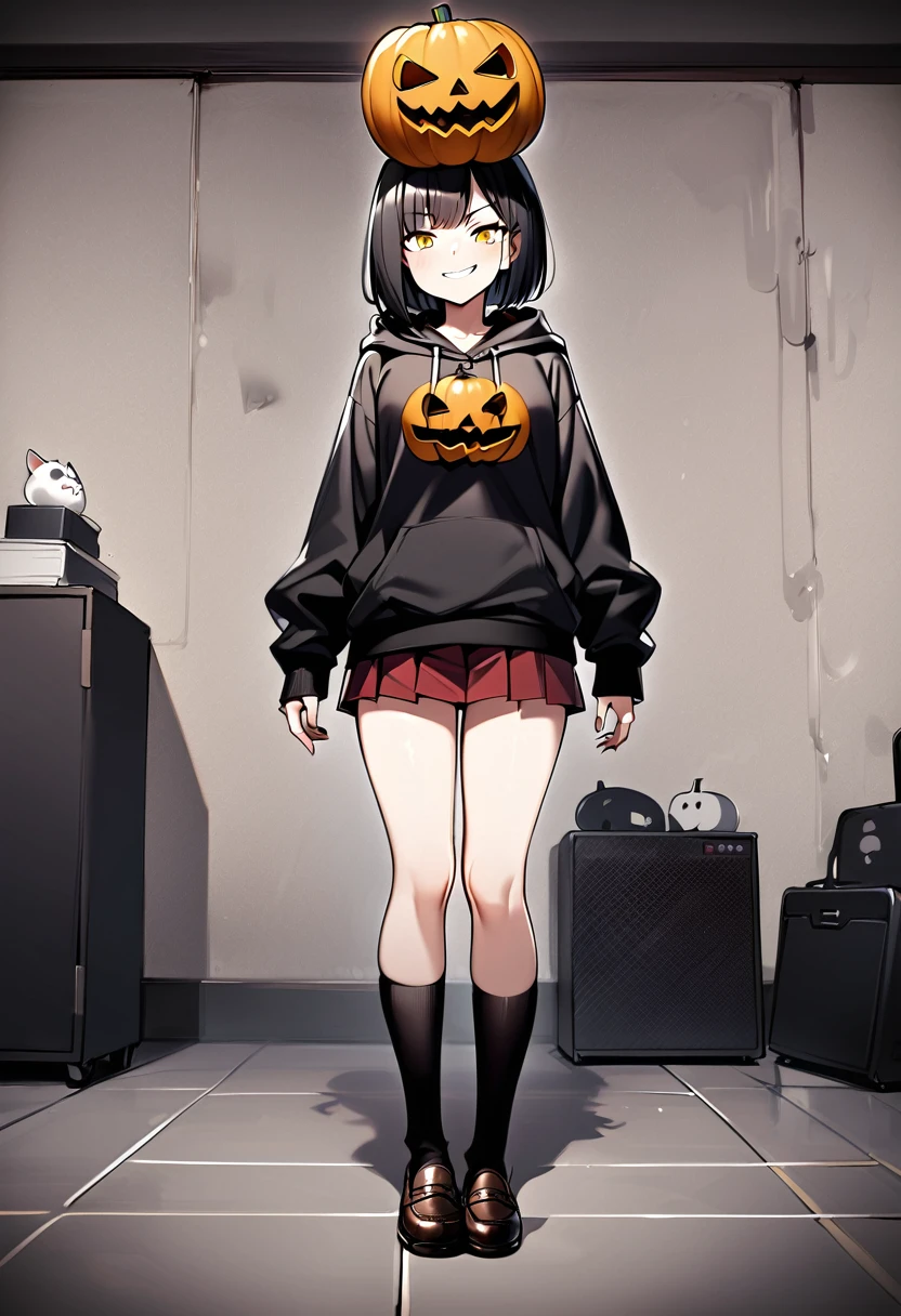 edgy girl, black hoodie, black hair, bob cut, red miniskirt, high socks, brown loafers, black pumpkin mask on the left side of her head with a yellow smile on it. Amazing quality, full body view, snarky grin