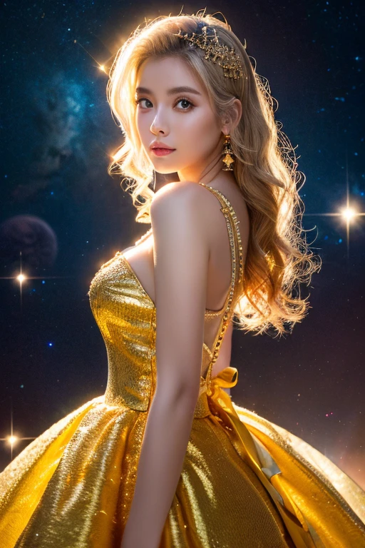 (masterpiece、Highest quality、High resolution、8K、16K)、((Alone in space、Beautiful Goddess、Standing posture、フローティング in the sky like a star))、(whole body)、Golden Cape、White long dress、No sleeve、Gold Bracelet、Blonde Hair、Beautiful brown eyes、Elegant and detailed face、Graceful operation、Right hand on chest、Professional Lighting、The universe is full of light、Countless stars and nebulae、