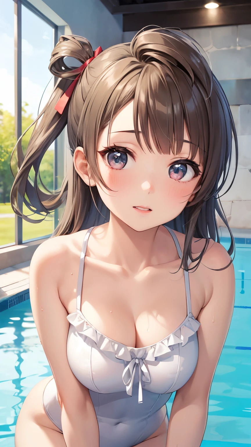 1girl, solo, Minami Kotori, One side up, Hair Ribbon, masterpiece, top quality, high resolution, unity 8k wall paper, illustration, detailed eyes, extra detailed face, Highly detailed CG, glossy lips, light makeup, blush, frilly one-piece swimsuit, collarbone, indoor pool