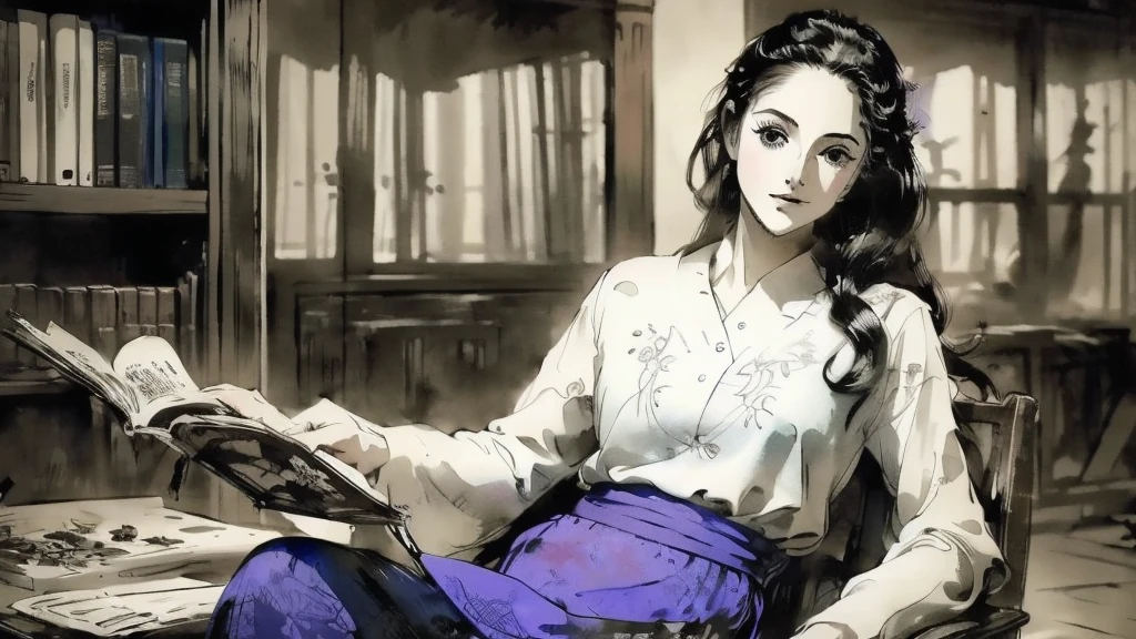 black and white tones:1.3, masterpiece, best quality, tradition chinese ink watercolor paintings:1.2, use thick and light inks to create light and dark changes and layers, a beautiful 20s french model, ultra detailed face