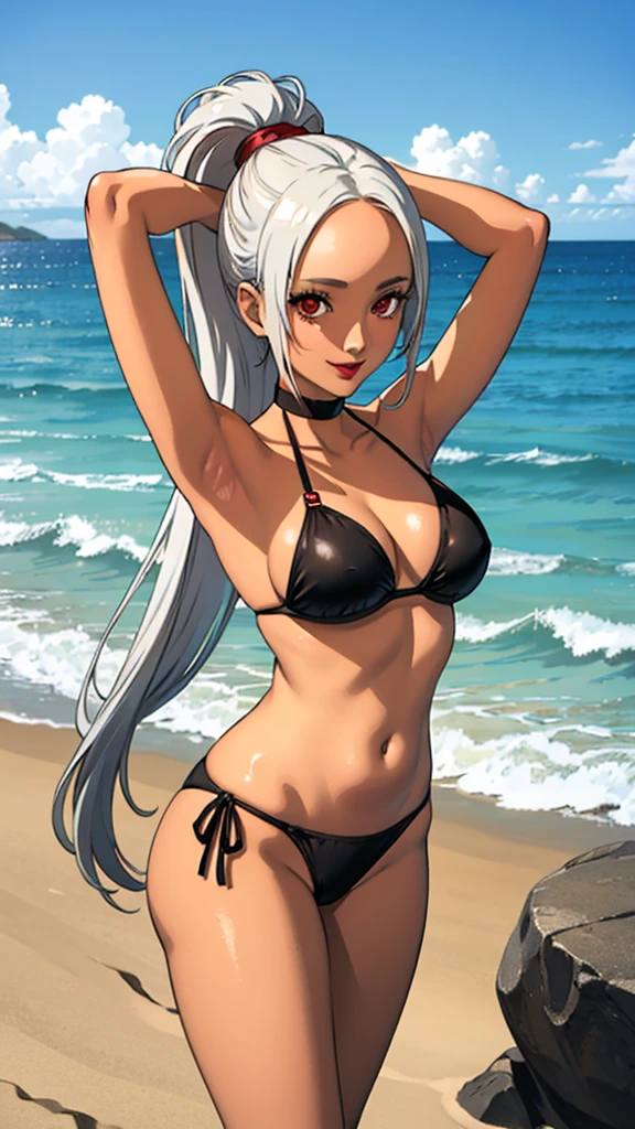 1 girl, milf, Red eyes, long hair, black choker, lipstick, smile, white hair, medium breast, cowboy shot , wheatskin, bikini, belly, forehead, thicc legs, beach background, armpits, arms up