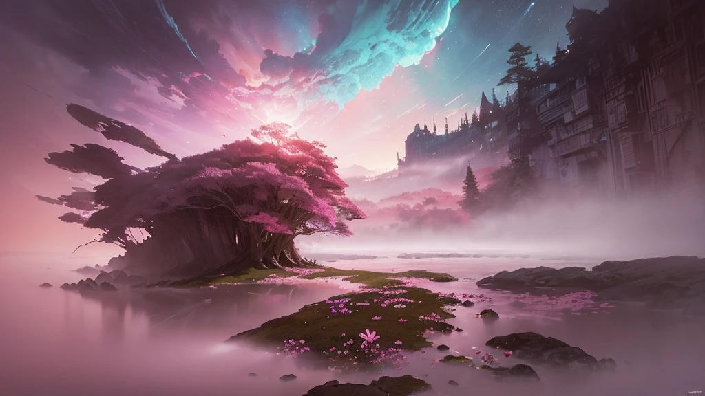 32k, Masterpiece, Highest quality, One girl, Detailed eyes, flower,Sandersonia, Pink and brown style,A dreamy, romantic piece,Pale pink, Mysterious Leaves,A playful arrangement,Fantasy,High Contrast,Ink strokes,explosion,Exposure, Impression of pink and brown tones,Abstract,((Watercolours by John Berkey and Jeremy Mann )) Brush strokes,Negative Space, Tyndall effect,