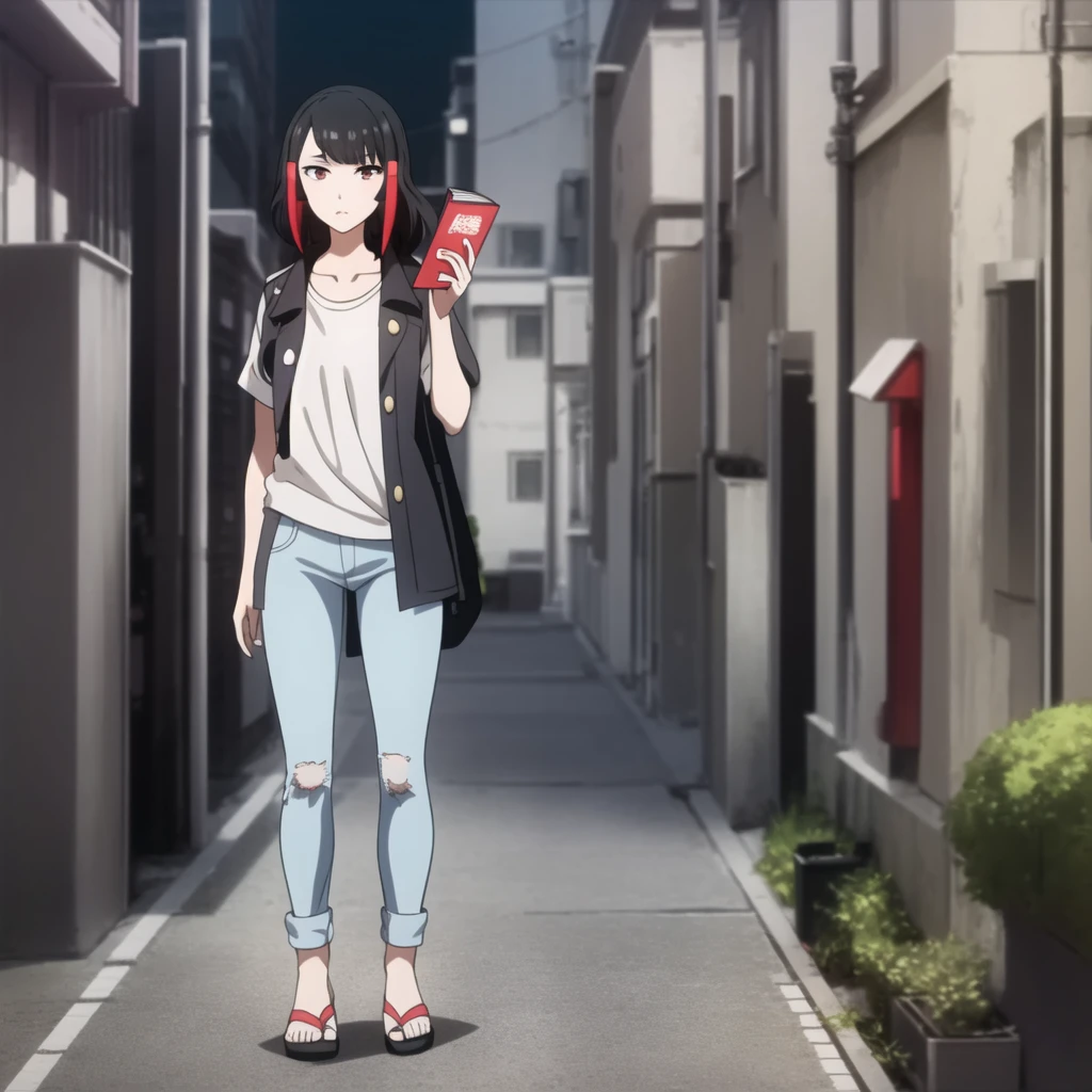 Tokyo Revengers screenshot. 16 year old girl, long straight black hair with red and white highlights and bangs. She has red eyes and has a serious expression, while she held a book in her hand. She is dressed in a black trench coat with urban details, underneath she has a loose white t-shirt and baggy jeans, and she is wearing headphones. She is standing in an alley at night. Tokyo Revengers drawing style.