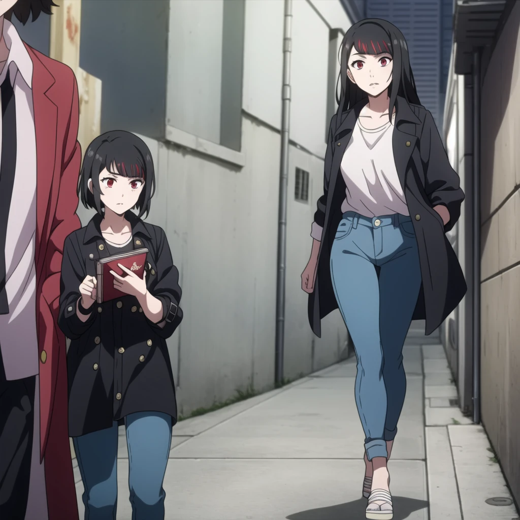 Tokyo Revengers screenshot.  girl, long straight black hair with red and white highlights and bangs. She has red eyes and has a serious expression, while she held a book in her hand. She is dressed in a black trench coat with urban details, underneath she has a loose white t-shirt and baggy jeans, and she is wearing headphones. She is standing in an alley at night. Tokyo Revengers drawing style.