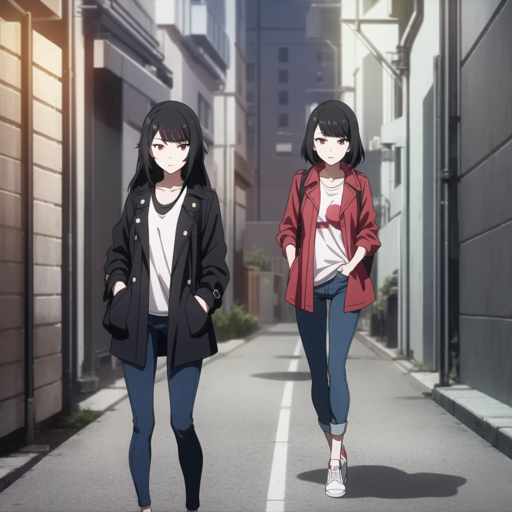 Tokyo Revengers screenshot. 16 year old girl, long straight black hair with red and white highlights and bangs. She has red eyes and has a serious expression, while she held a book in her hand. She is dressed in a black trench coat with urban details, underneath she has a loose white t-shirt and baggy jeans, and she is wearing headphones. She is standing in an alley at night. Tokyo Revengers drawing style.