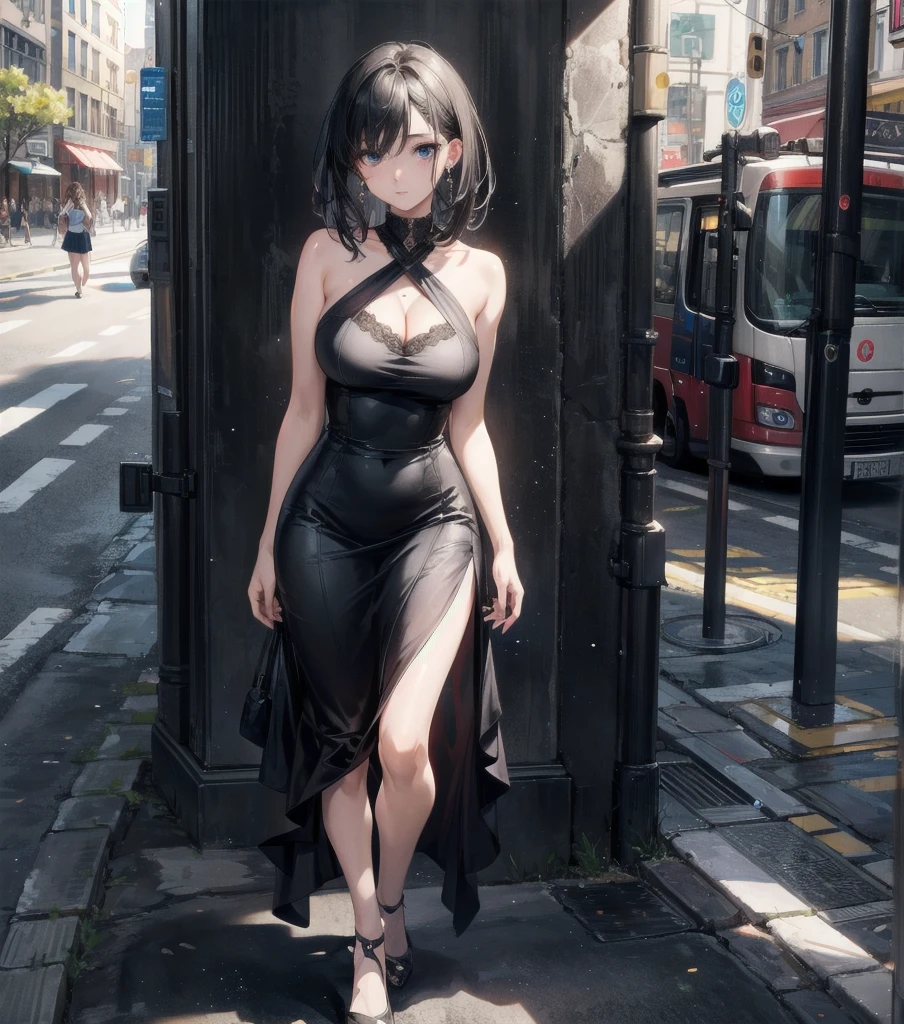 full body, photorealistic, solo, alone, delicate facial features, medium tits, medium hair, black hair, tearful mole, earring, dress, cleavage, street,