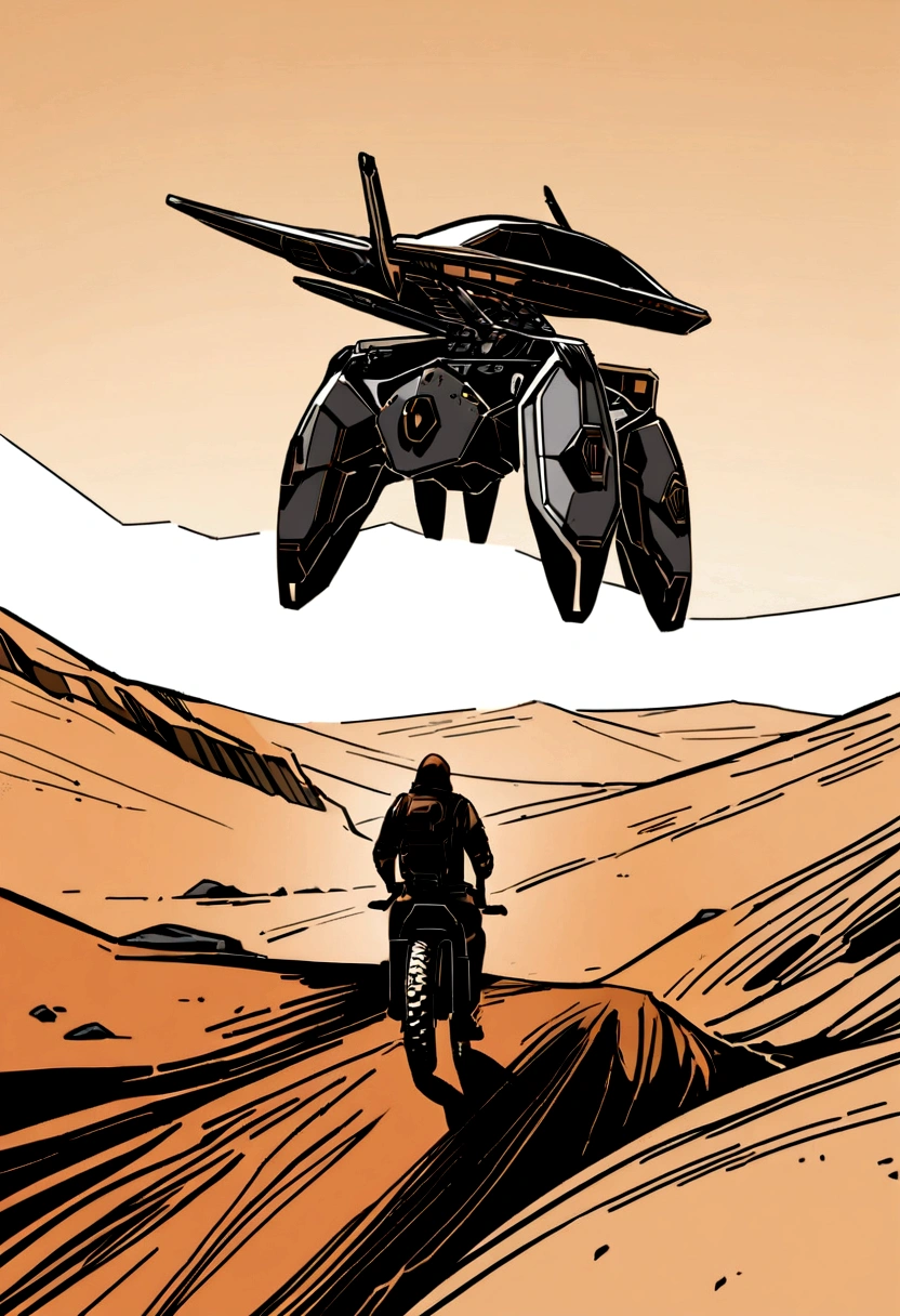 Five futuristic desert nomads in a vast, arid landscape, high-tech gear and sand-resistant clothing, they ride sleek hoverbikes, the scene is stark and otherworldly, Illustration, digital art with sharp lines and high contrast, --ar 16:9 --v 5