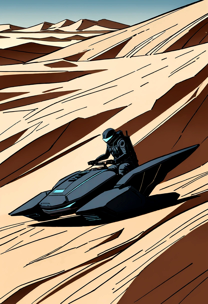 Five futuristic desert nomads in a vast, arid landscape, high-tech gear and sand-resistant clothing, they ride sleek hoverbikes, the scene is stark and otherworldly, Illustration, digital art with sharp lines and high contrast, --ar 16:9 --v 5