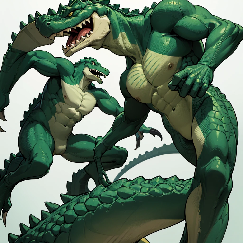 ((((No humans)))), reptiles, Humanity, Crocodile, green body, scale, There is nothing there, Crocodilian, facial, Muscular, green scale、get annoyed、Fighting stance、Movement angle、(White background)