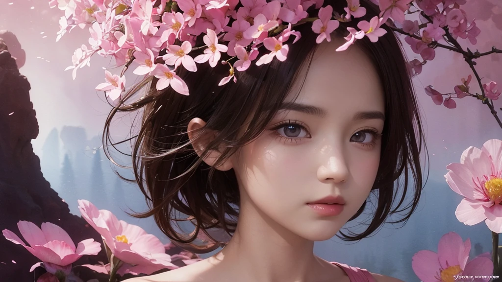 32k, Masterpiece, Highest quality, One girl, Detailed eyes, flower,Sandersonia, Pink and brown style,A dreamy, romantic piece,Pale pink, Mysterious Leaves,A playful arrangement,Fantasy,High Contrast,Ink strokes,explosion,Exposure, Impression of pink and brown tones,Abstract,((Watercolours by John Berkey and Jeremy Mann )) Brush strokes,Negative Space, Tyndall effect,