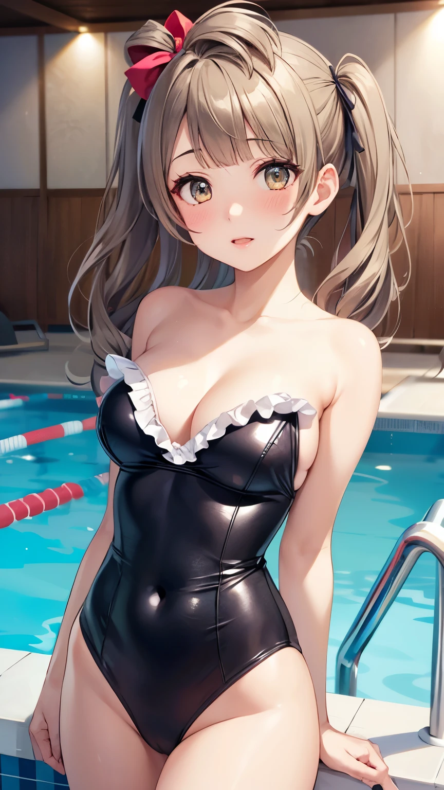 1girl, solo, Minami Kotori, One side up, Hair Ribbon, masterpiece, top quality, high resolution, unity 8k wall paper, illustration, detailed eyes, extra detailed face, Highly detailed CG, glossy lips, light makeup, blush, frilly one-piece swimsuit, collarbone, indoor pool